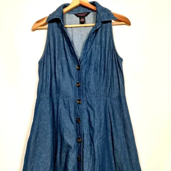 Signature by Robbie Bee Dress Petite 10P Blue Chambray Sleeveless Button Up Jean - Picture 3 of 12